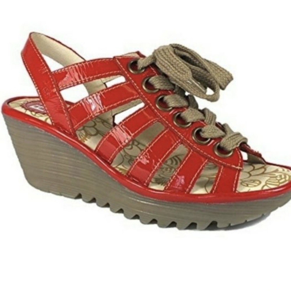 Fly London Yito Demani Lace Up Wedge Sandal Red Size (38)  7.5